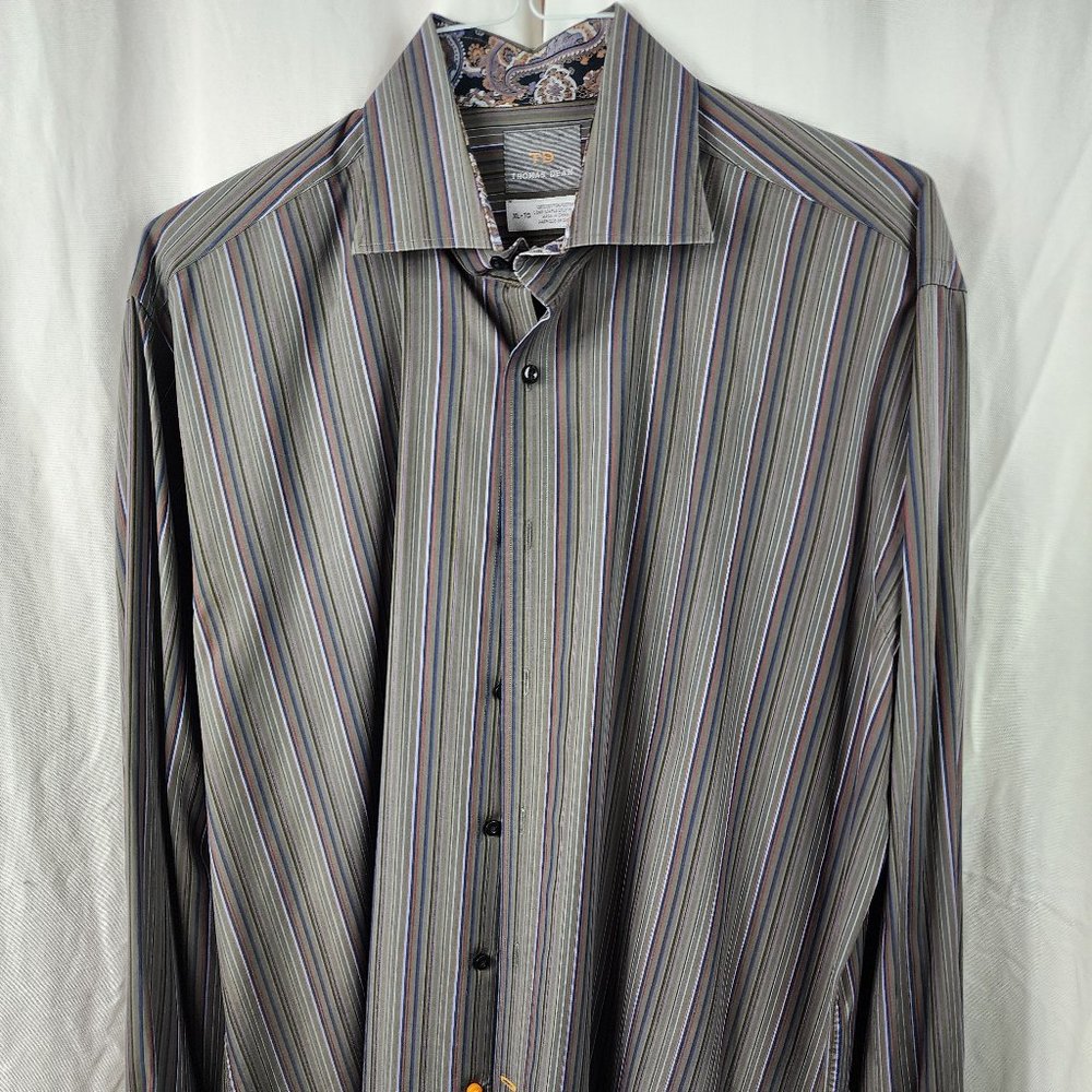 Thomas Dean light brown, gray, khaki, and maroon striped, dress shirt size Large